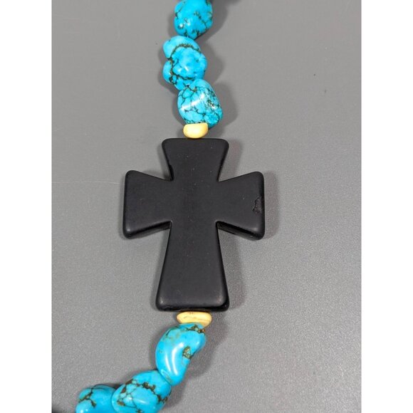 Beachy Coastal Blue Stone Faux Turquoise Black Cross Necklace Bold 20 in - Picture 9 of 12